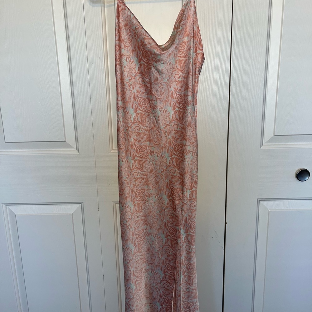 Silky Pink Floral Slip Dress - Elegant Cowl Neck